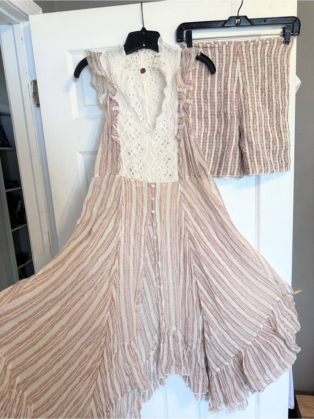Free People One Dress Tunic Top & Shorts SET Hand-painted Small Tan
